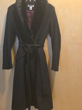 H&M Black Trench Coat with Faux Fur Collar